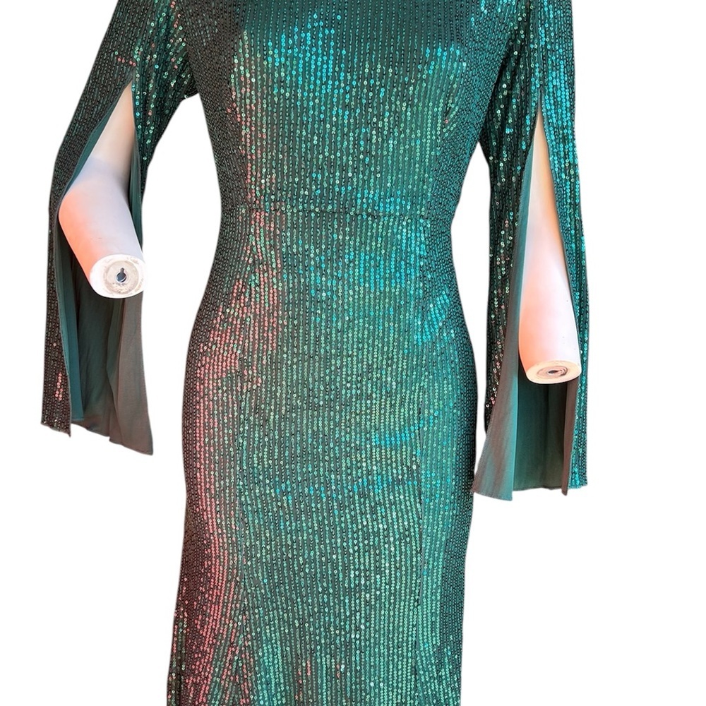 COOAN Green Sequin Bodycon Knee Length Dress Slit Sleeve V-Neck Women size L - Picture 2 of 7